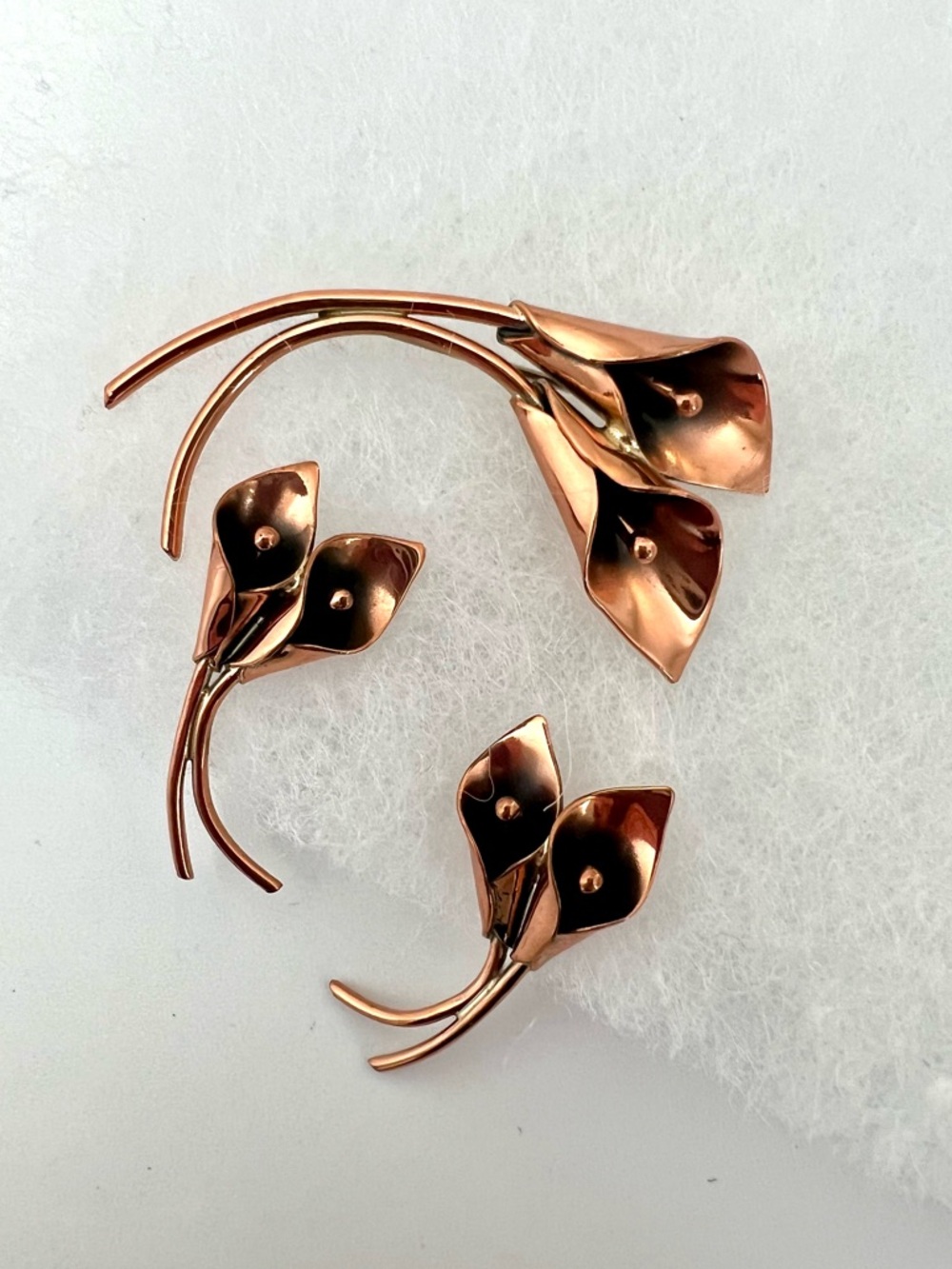 Vintage Stuart Nye Copper Double Calla Lily Brooch & Earrings Set Signed MCM